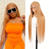 Bone Straight Honey Blonde Human Hair Wigs #27 13x6 HD Transparent Lace Front Wigs For Women Pre Plucked 200% Density 30 Inch