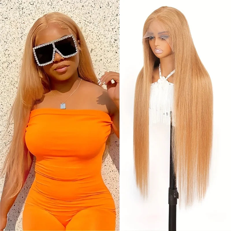 Bone Straight Honey Blonde Human Hair Wigs #27 13x6 HD Transparent Lace Front Wigs For Women Pre Plucked 200% Density 30 Inch