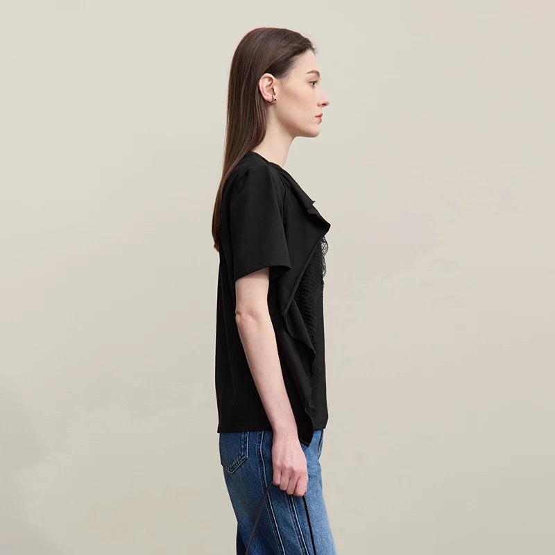 Amii Women's T-Shirt 2026 Summer New Round Neck Ruffle Hem Cotton Tee Lace Trim Short Sleeve Loose Fit Top For Women 12642012
