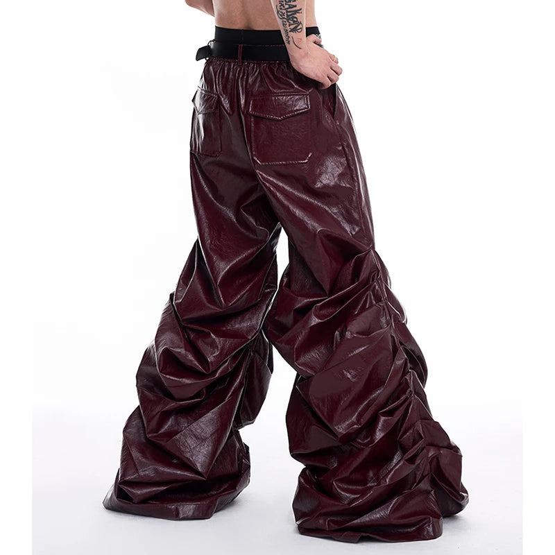 Mauroicardi Spring Autumn Cool Long Baggy Black Soft Pu Leather Wide Leg Stacked Pants Men Mens Designer Clothes Streetwear 2025