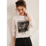 LOUIS YAO Women's T-Shirts 2025 Letter Printed T-Shirts Casual Round Neck Lace Splicing Top Women's Long Sleeve S
