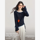 VIMLY Navy Blue T-shirt Women Fake Two-Piece Color Block Long Sleeve T-shirts Elegant Wavy Hem Tie Slim-fit Tops Ladies A7226