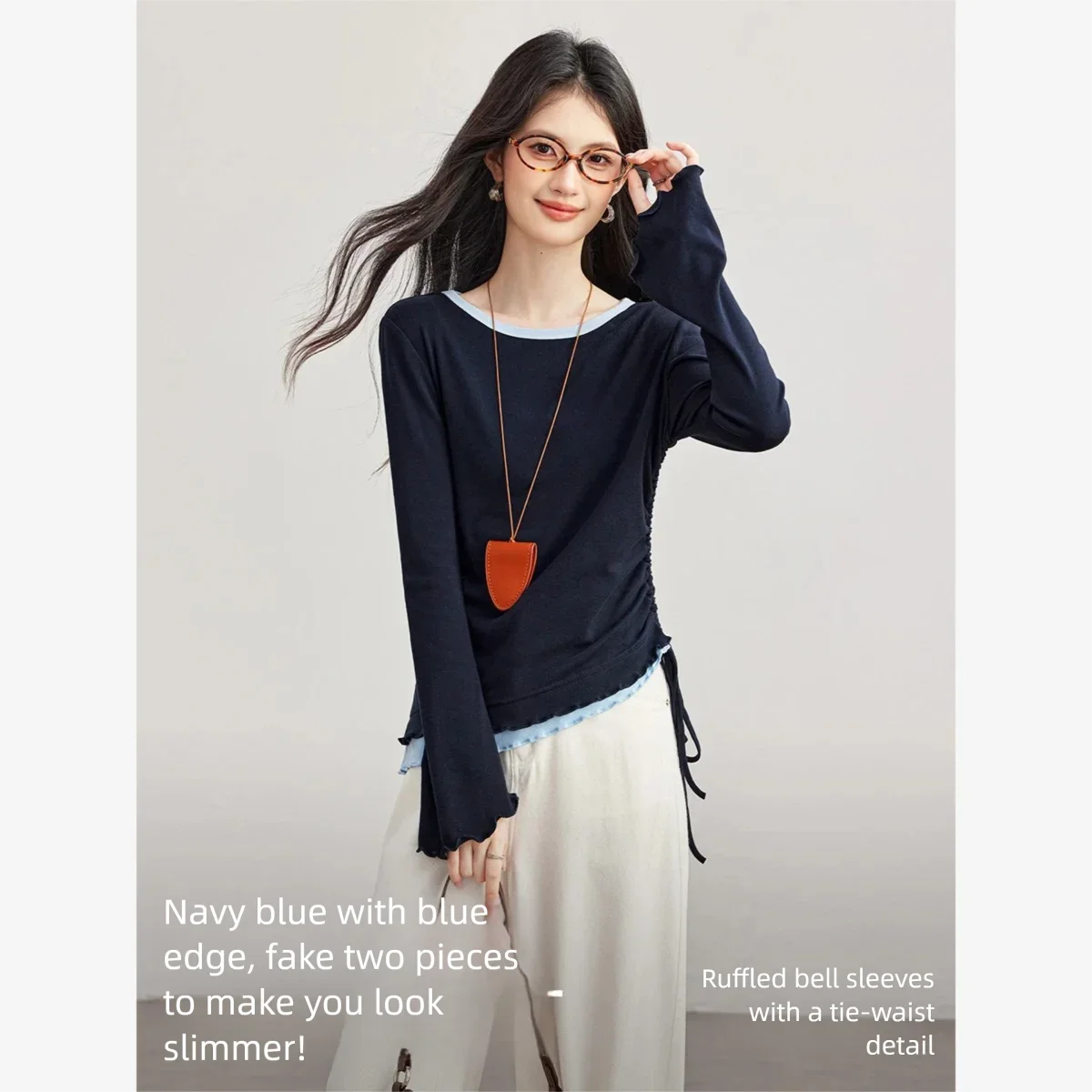 VIMLY Navy Blue T-shirt Women Fake Two-Piece Color Block Long Sleeve T-shirts Elegant Wavy Hem Tie Slim-fit Tops Ladies A7226