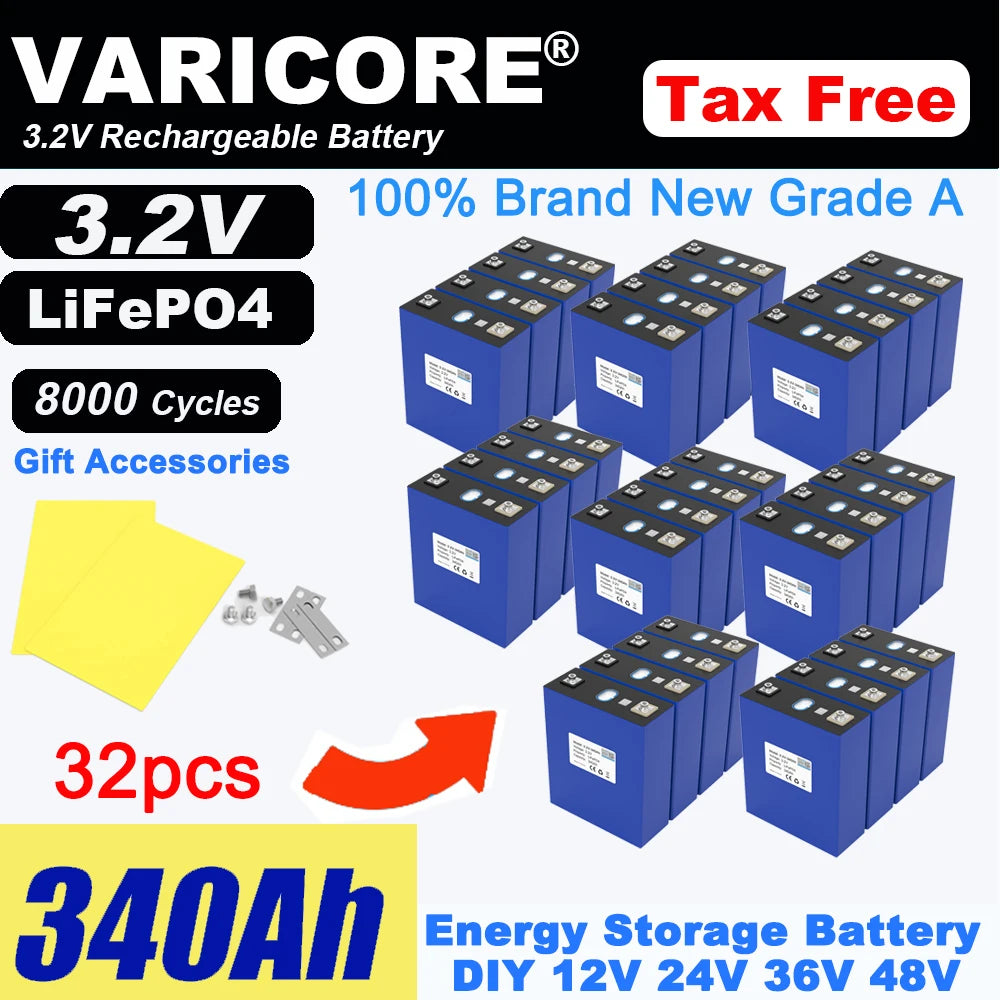 Grade A 3.2V 360AH 340Ah Battery LiFePO4 Lithium Iron Phospha for 12V 24V 4S E-scooter RV Solar Energy Storage System Duty-free