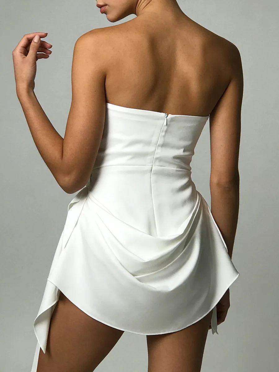 TWOTWINSTYLE Sexy Slimming Spliced Shirring Irregular Dress for Women Strapless Sleeveless Patchwork Ribbon Mini Dresses Female