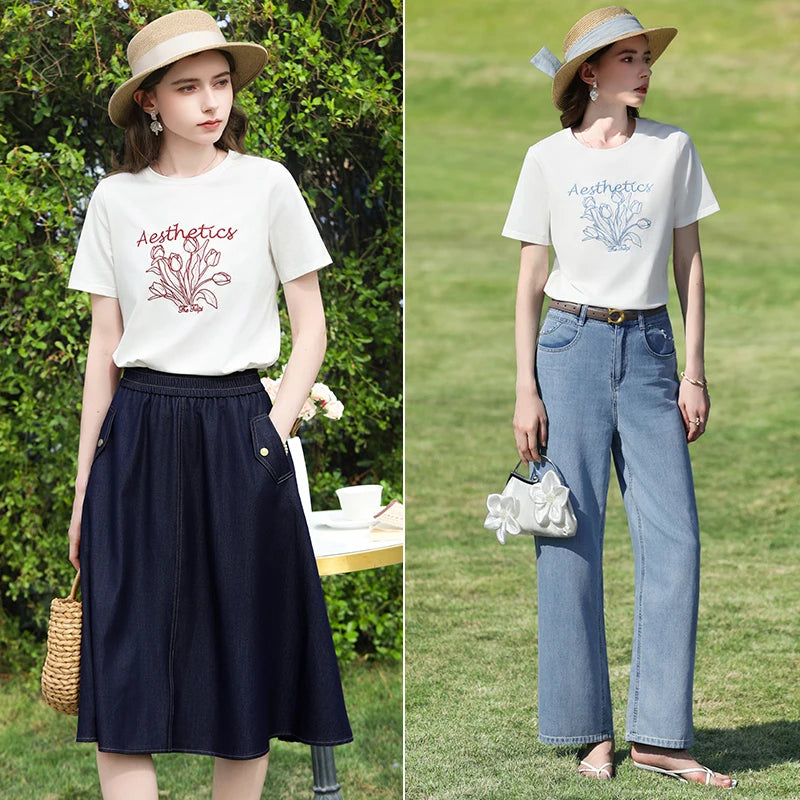 I BELIEVE YOU Round Neck Short Sleeve Women's T-Shirt 2026 New Tulip Letter Embroidery Tops Retro Artistic Tees 2261016223