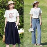 I BELIEVE YOU Round Neck Short Sleeve Women's T-Shirt 2026 New Tulip Letter Embroidery Tops Retro Artistic Tees 2261016223