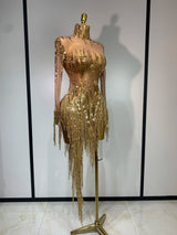 Sexy Stage Costume Sparkly Rhinestone Golden Tassel Mesh Dress Evening Party Luxury Birthday Nightclub Bar DJ Dancer Outfit
