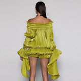 Chic Lime Green Off Shoulder Mini Dress Oversized Flare Sleeve Shiny Smocked Waist Bubble Hem Skirt Sexy Party Date Wear New