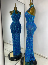Women Luxury Prom Gowns Blue Sparkly Rhinestones Sequines Halter Backless Maxi Long Birthday Evening Club Party Dresses