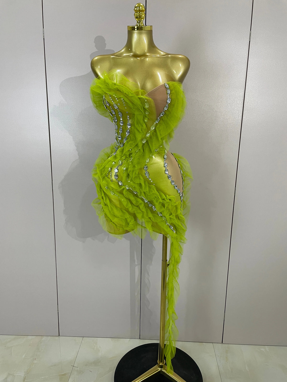 Sexy Celebrate Eveing Birthday Party Nightclub Red Carpet Stage Wear Sparkly Green Diamonds Mesh Asymmetric Bodycon Mini Dress