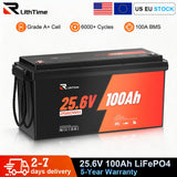 RVLithTime 24V (25.6V) 100Ah LiFePO4 Battery, Grade A Cell, Built-in 100A BMS, Low Temp Protection, 2560Wh Deep Cycle Lithium Battery, IP65 Waterproof, 6000+ Cycles for RV, Marine, Camper Van, Home Backup, Off-Grid Solar