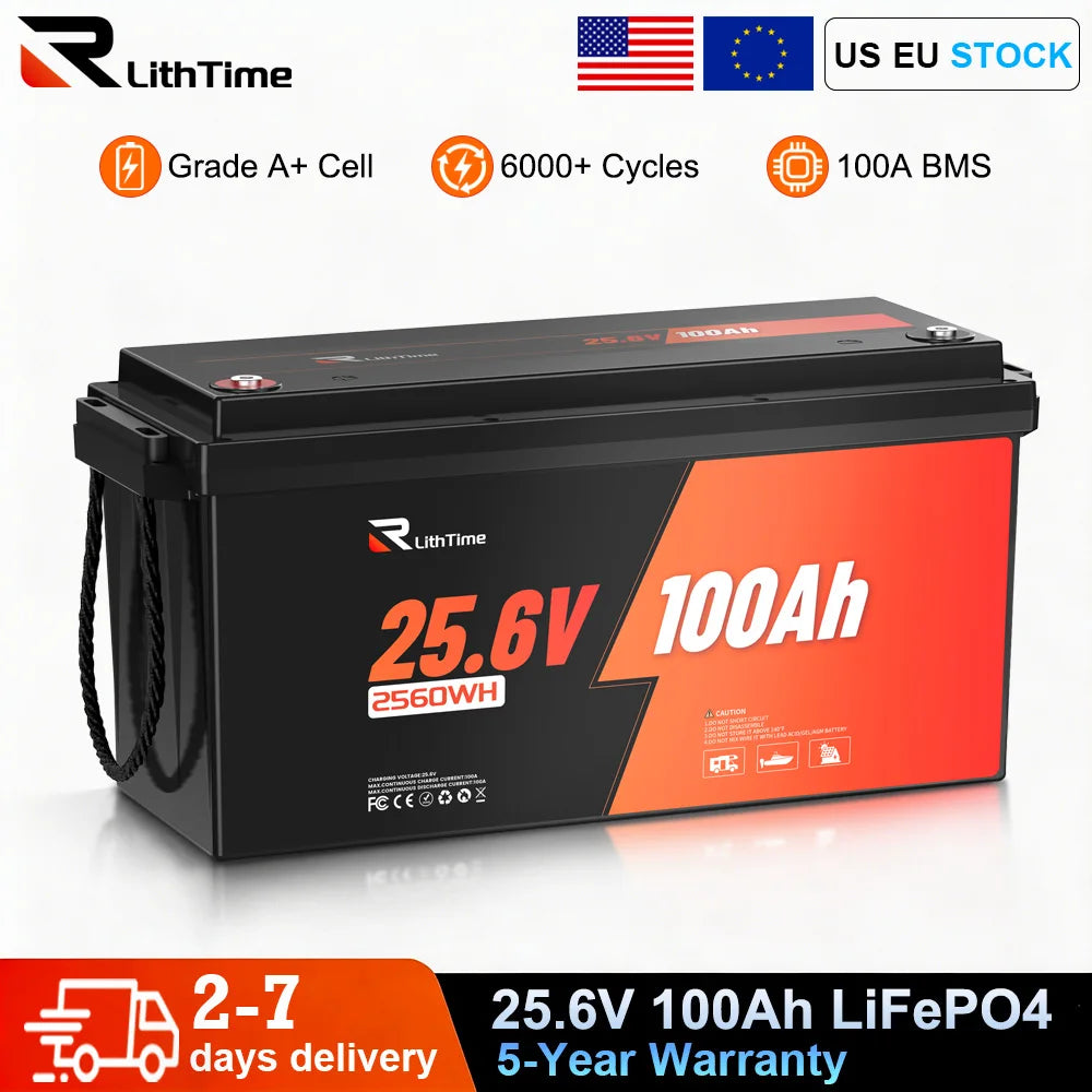 RVLithTime 24V (25.6V) 100Ah LiFePO4 Battery, Grade A Cell, Built-in 100A BMS, Low Temp Protection, 2560Wh Deep Cycle Lithium Battery, IP65 Waterproof, 6000+ Cycles for RV, Marine, Camper Van, Home Backup, Off-Grid Solar