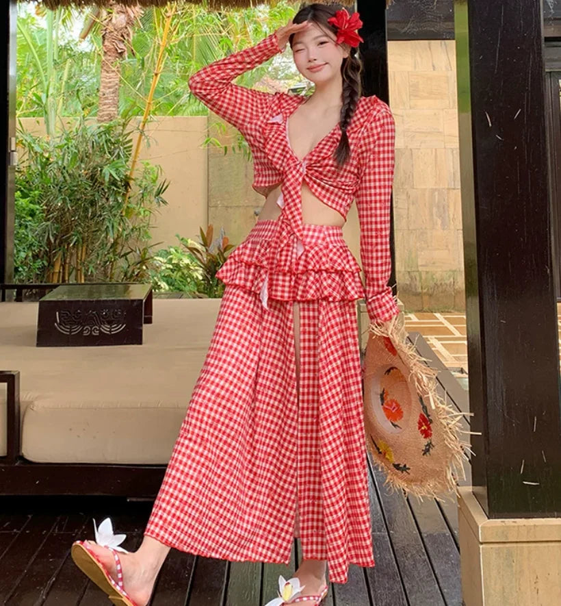 Large Size Summer New Long Skirt Four-piece Seaside Vacation Bikini Split Swimsuit Women Sexy Fashion Red Plaid Swimwear Sets