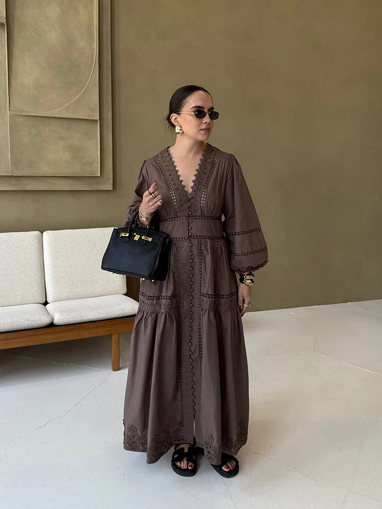 Elegant White Hollow Out Embroidery Long Dress Women V Neck Puff Sleeve Loose Maxi Dresses 2026 Autumn Casual Daily Party Robes