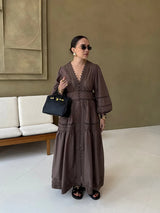 Elegant White Hollow Out Embroidery Long Dress Women V Neck Puff Sleeve Loose Maxi Dresses 2026 Autumn Casual Daily Party Robes