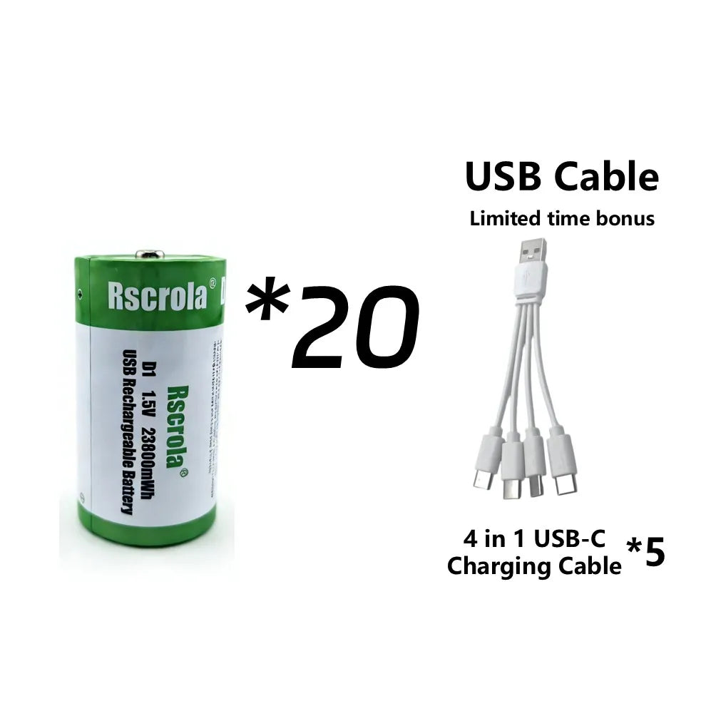 USB D Li-ion Rechargeable Batteries, High Capacity 1.5V 23800mWh Rechargeable D Battery, 4 H Fast Charge with Type C Port Cable