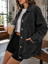 Women's Casual Loose Fit Drop Shoulder Long Sleeve Single-Breasted Denim Jacket, Autumn