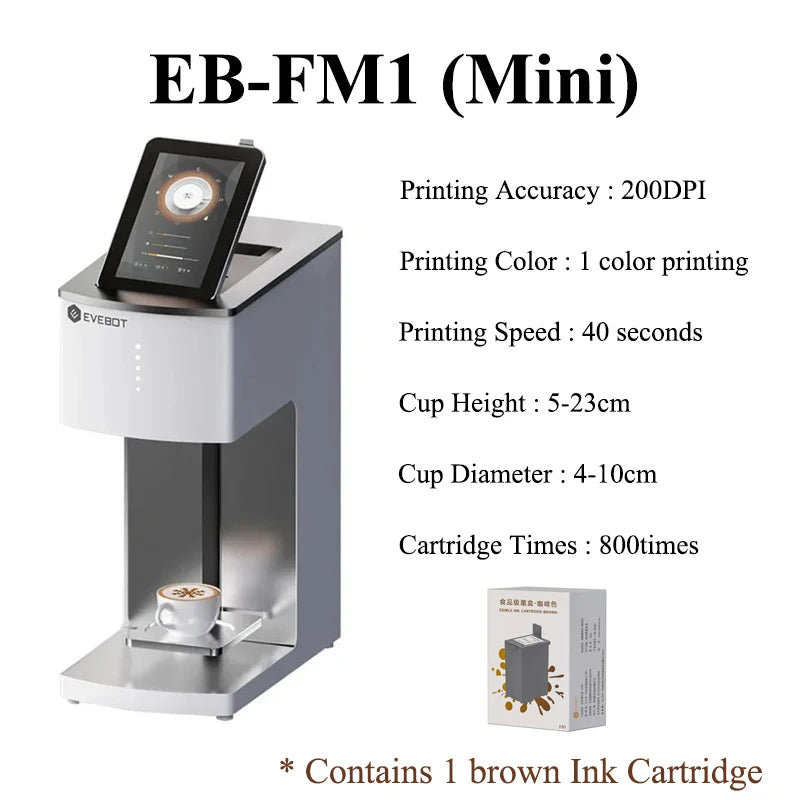 Evebot Multicolor Coffee Drink Printer Color Printer Suitable for Printing Pictures 600dpi 7-inch Touch Screen