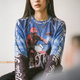 Maden Women's Relaxed Vintage Printed T-Shirt Crewneck Long Sleeve Pullover Tee Casual Spring Top Soft Blue