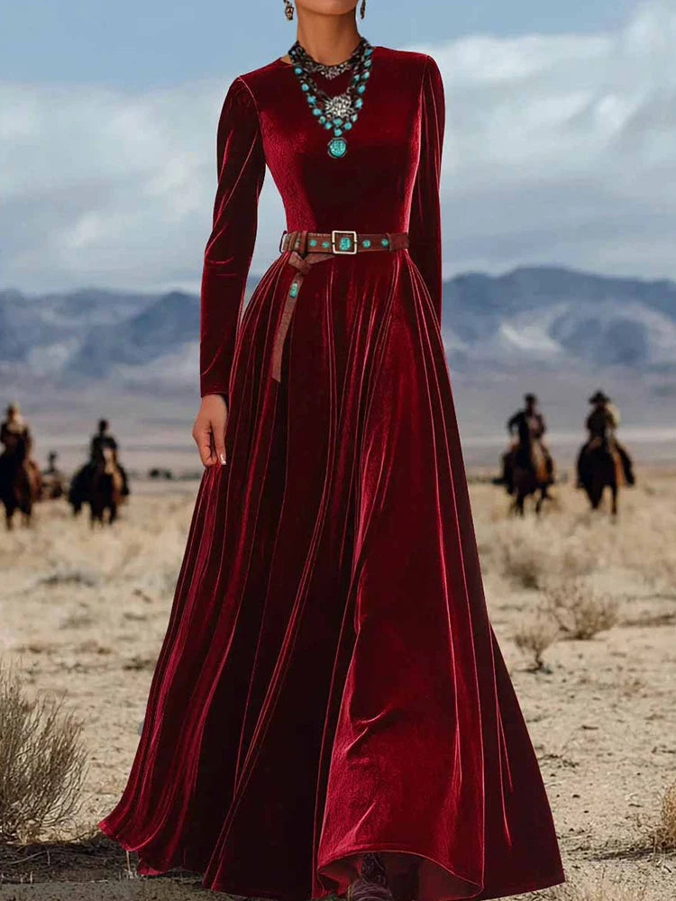 O Neck Solid Patchwork Chic Maxi Dress, Spring Autumn Women Casual Long Sleeve Party Dress, 2025 New Holiday Simple Ladies Dress