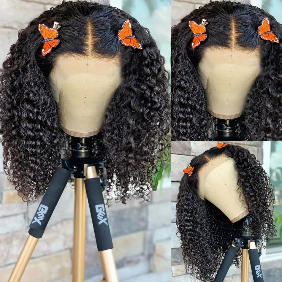 Deep Curly Bob Wig Human Hair Deep Wave Lace Front Wigs Human Hair Pre Plucked 4x4 Lace Closure Wigs Human Hair 250% Density Black Color 10-16 Inch For Black Women