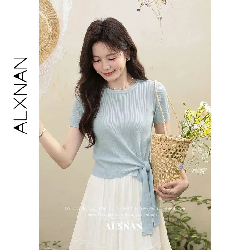 ALXNAN Women Red T-shirt Summer Elegant Ruffled Crew Neck Short Sleeve T-shirt Hem Tie Sash Design Casual Loose-fit Tops L65892A