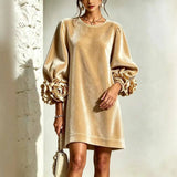 Fall Winter New Arrival Women Korean Velvet Dress, Fashion Long Sleeve Dress with 3D Stereo Floral Cuffs for Party Daily