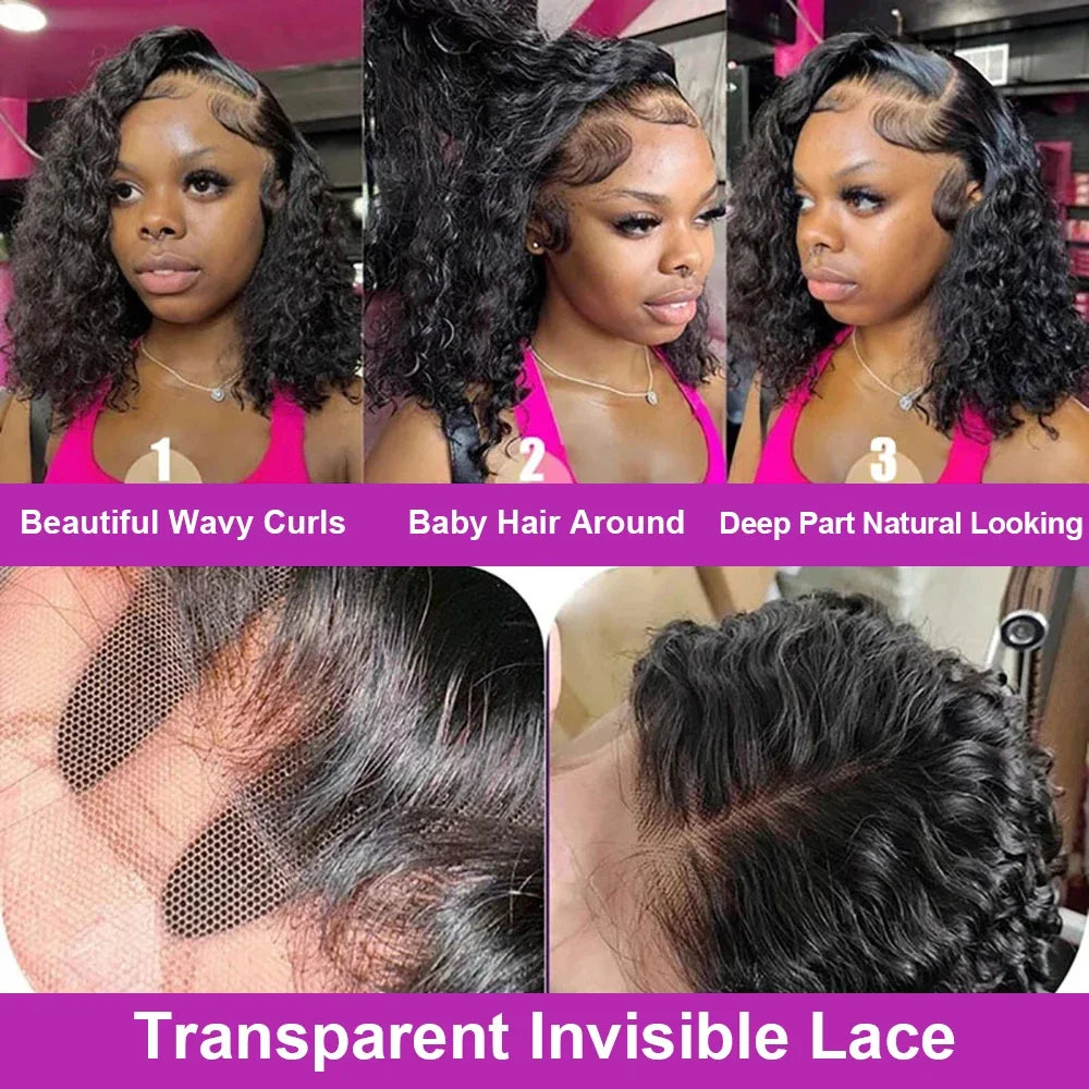 Short Bob Wigs Water Curly 13x4 13x6 Deep Wave HD Lace Frontal Wig For