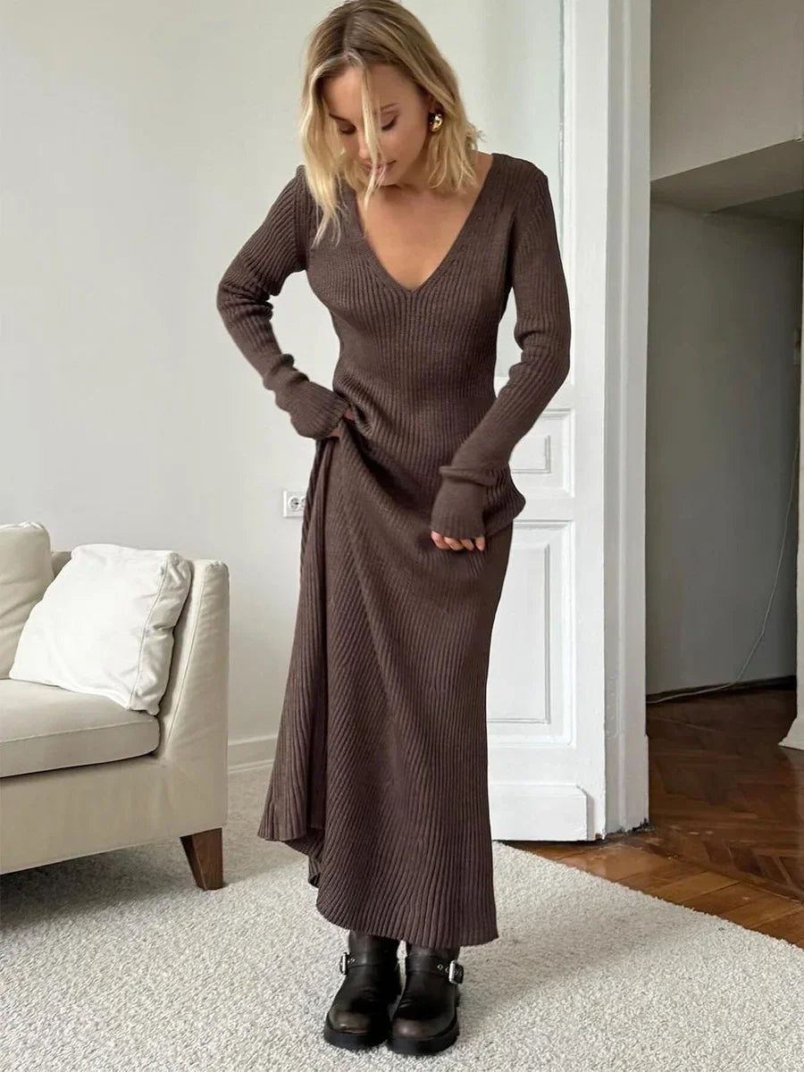 Blubelle Women's New Solid Color Long Sleeve V-neck Slim Bodycon Knitted Maxi Dress Trendy Elegant Fashion Dresses