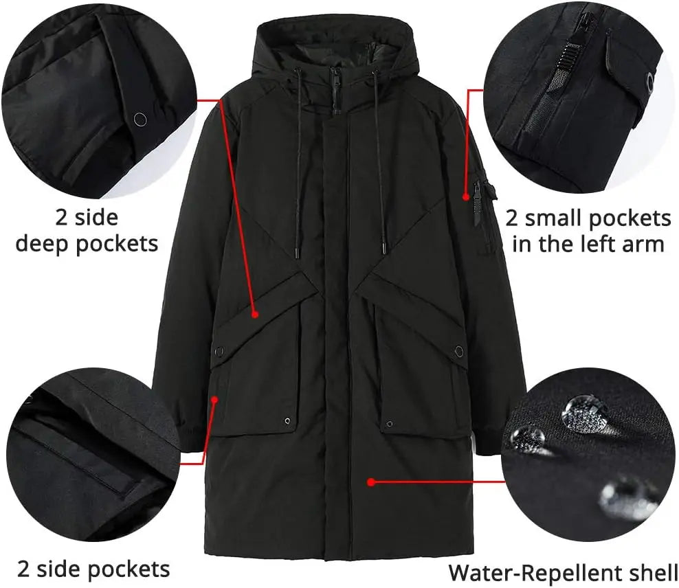 Pioneer Camp Men's Winter Coats Water-Repellent Windproof Thicken Parkas Long Hooded Padded Puffer Jacket