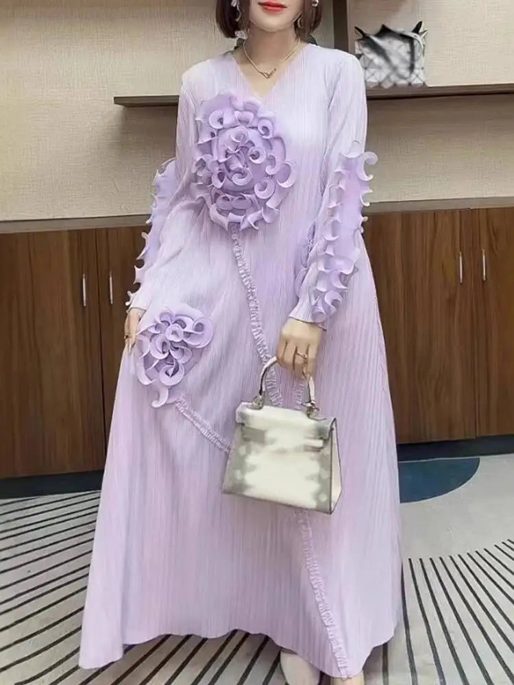 LANMREM Ruffled Edge Pleated Dress For Women Long Sleeves Embroidered Pullover Elegant Dresses Female Trendy Clothing 2DM1091