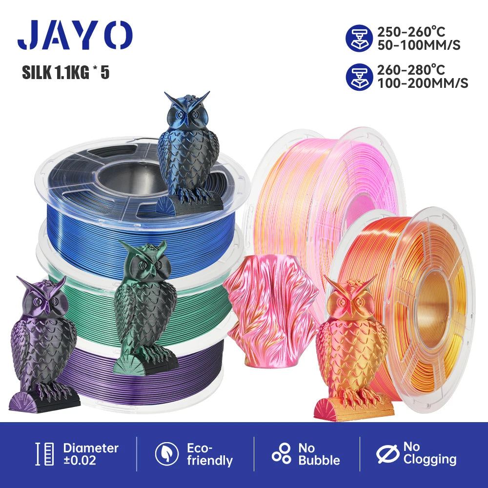 JAYO 3D Printer Filament  PETG PLA HSMPETG PLA PLUS 1.75mm 5Rolls 3D Printing Materials for 100% No Bubble &FDM 3D Pen DIY Gift
