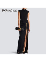 TWOTWINSTYLE Solid Slimming Spliced Zipper Temperament Dresses for Women Stand Neck Sleeveless Patchwork Folds Dress Female New