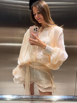 Elegant Shiny Pleated Mini Dress Women Lantern Sleeve Lace Up V Neck Vestidos 2026 Lady Spring New Evening Party Vacation Robes