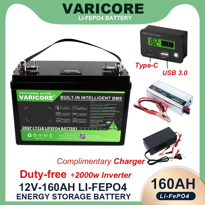 12V 120ah 160Ah 180ah LiFePO4 Battery Outdoors Touring Car Multifunctional USB3.0 Output for Travel Solar Panels 14.6v Charger