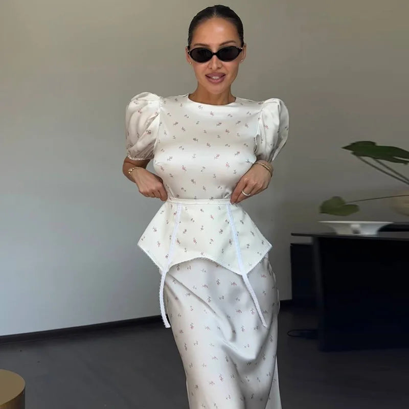 Women Polka Dot Print Puff Sleeve Dress With Waistband Fashion Satin Ruffled Hem Maxi Dresses Lady 2026 Elegant Retro Party Robe