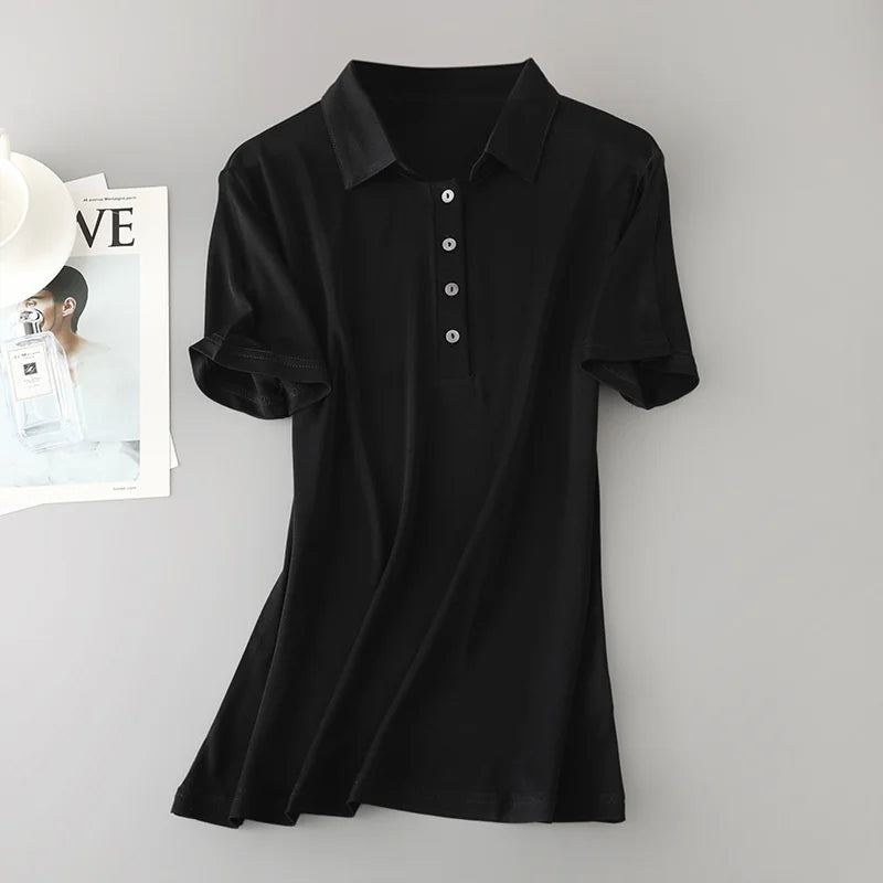 Birdtree, 23% Real Silk 77% Viscose Solid T Shirt, Lapel Loose Soft Tops, Women's Short Sleeve Shirt, 2026 New Clothes T61033JF