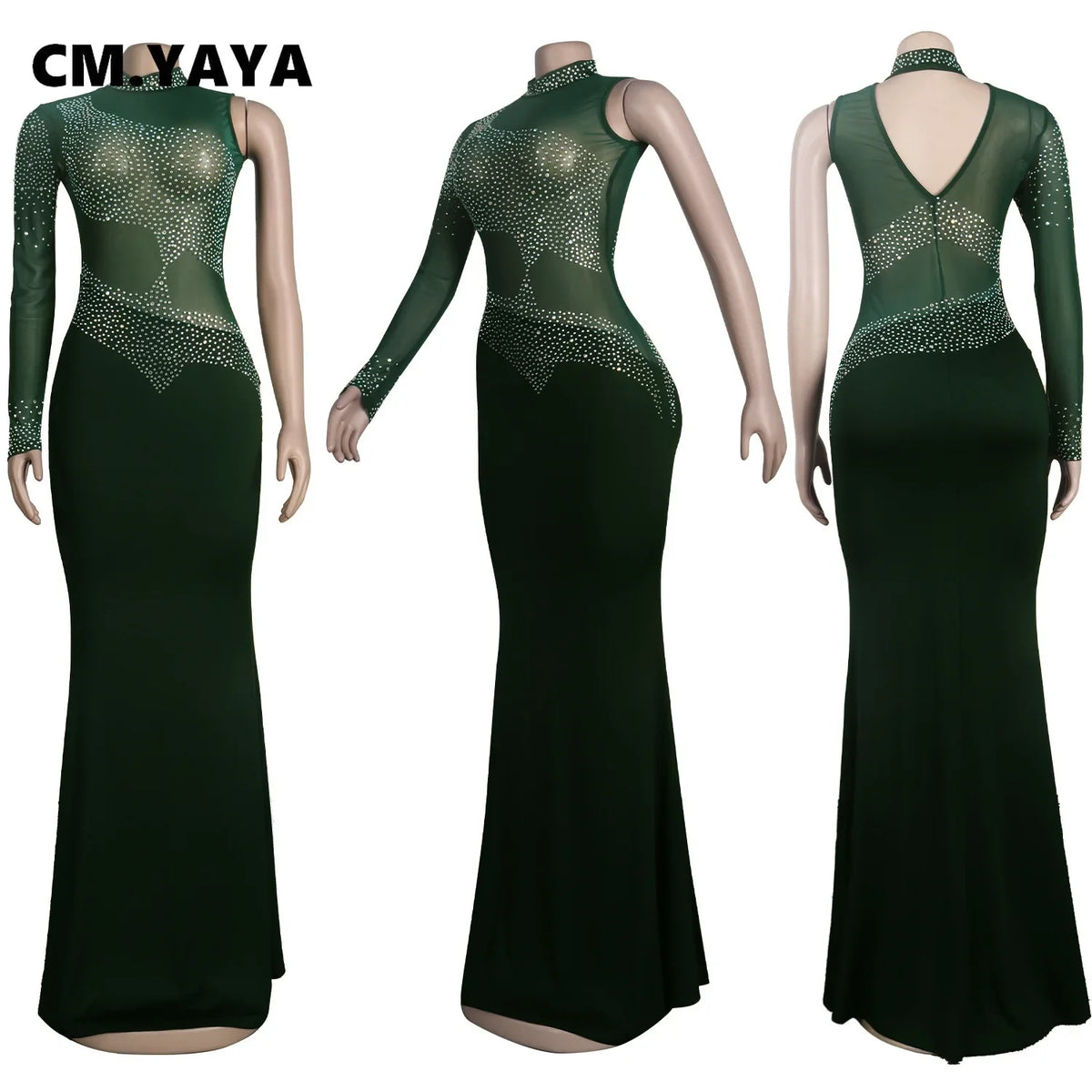 CM.YAYA Women Diamonds Hot Rhinestones Bodycon Midi Maxi Mermaid Dress Elegant Sexy Party Club One Long Sleeve Long Dresses