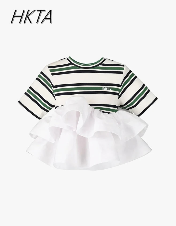 Japanese Contrasting Striped Ruffle Short-sleeved T-shirt Top Women Summer New Elastic High-waisted Slim-fitting Striped Tshirt