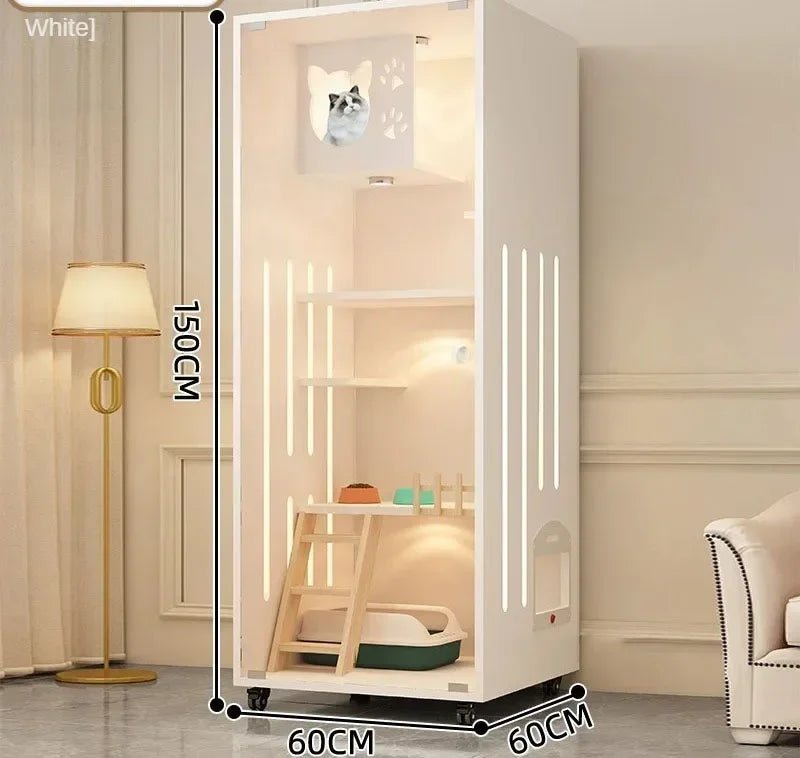 Premium Cream Style Pet Shop Cat Cage Density Board Cat House Double Layer Large Space Glass Door Light