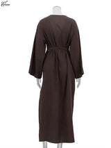 Oymimi Fashion Borwn Cotton Women's Dress Elegant V-Neck Long Sleeve Lace-Up Dresses Casual New Side Slit Ankle-Length Dresses