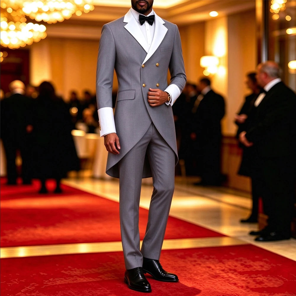 Men Grey Double Breasted Tailcoat Suit 2 Pieces White Peak Lapel Gold Buttons Slim Fit Jacket Pants Set Wedding Groom Tuxedo For Party Prom