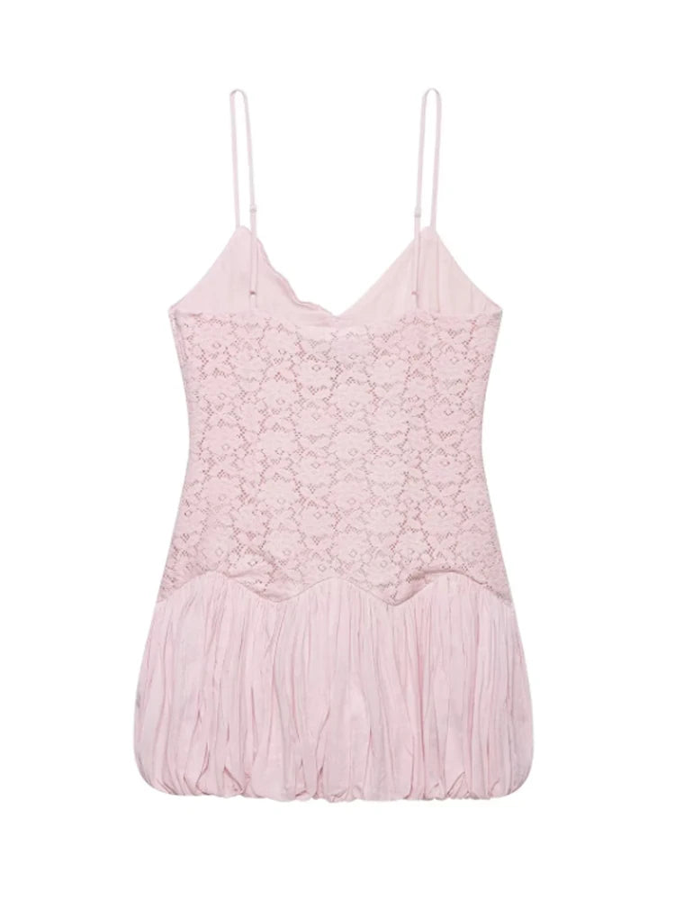 Pink Color Block Lace Spaghetti Strap Mini Dress Women Sweet Deep V Sleeveless Bubble Hem Dresses Lady Daily Dating Casual Gown