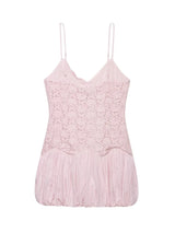 Pink Color Block Lace Spaghetti Strap Mini Dress Women Sweet Deep V Sleeveless Bubble Hem Dresses Lady Daily Dating Casual Gown