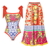 2024 Vintage Pattern Printed One Piece Swimsuit Swimwear Bikini Set Women Beachwear Clearance Wholesale