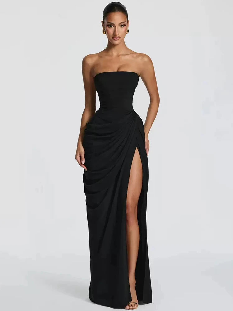 Mozision Chiffon Off-shoulder Strapless Sexy Maxi Dress Women Elegant Sleeveless Backless High Split Ruched Club Party Dress