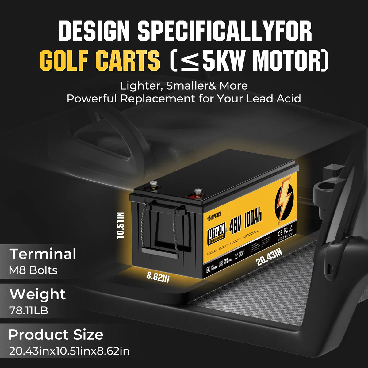 RVPOZWER 48V 100Ah Lithium LiFePO4 Battery With Smart BMS 15000+ Deep Cycles for Golf Carts RV Home Energy Off-Grid