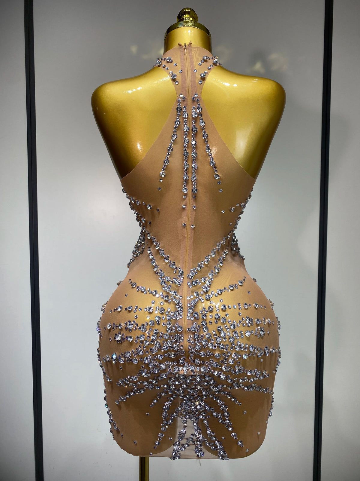 Luxury Rhinestones Mesh Transparent Prom Mini Dress Shinny Women Birthday Celebrate Party Prom Nightclub Outfit Stage Costume