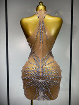 Luxury Rhinestones Mesh Transparent Prom Mini Dress Shinny Women Birthday Celebrate Party Prom Nightclub Outfit Stage Costume
